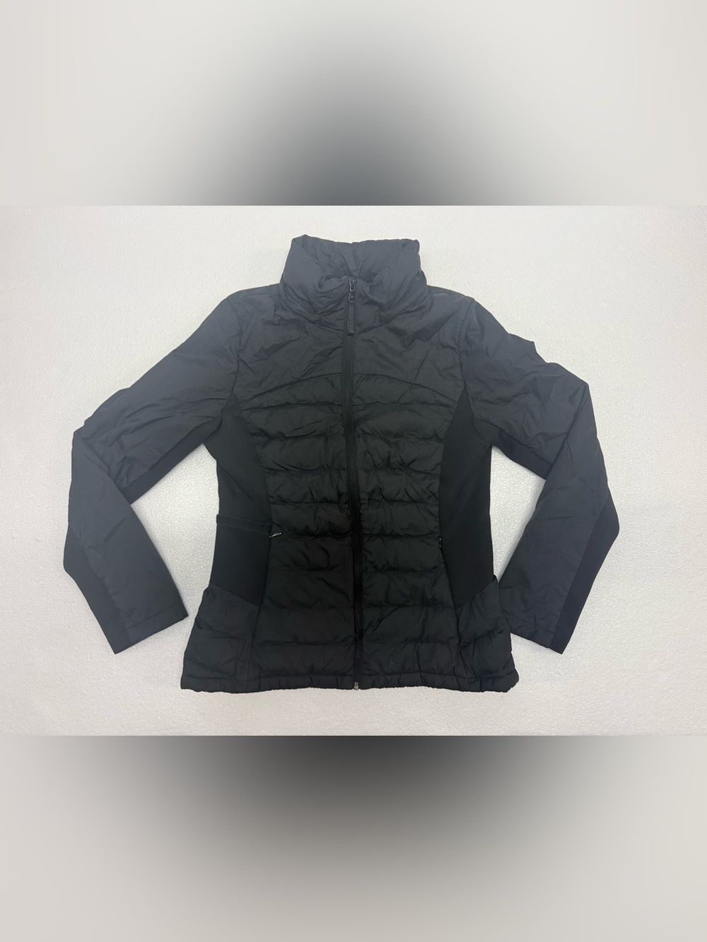 Calvin Klein Womens M Black Hooded Puffer Jacket Sorona Stretch Mixed Media